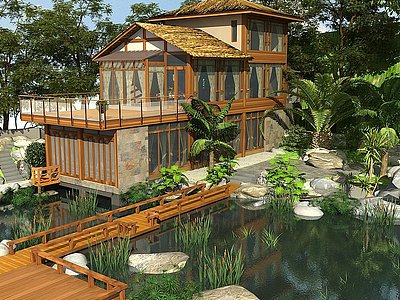 3d现代中式景观建筑模型
