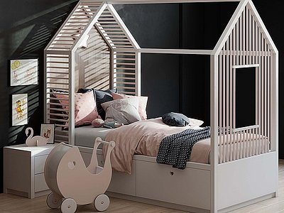 3d现代儿童木架床儿童房模型