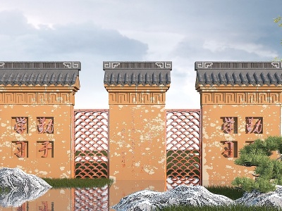 3d中式校园文化墙模型