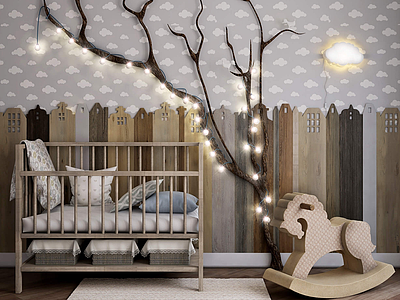 3d现代婴儿床树木灯光模型