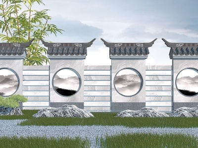 3d新中式围墙模型