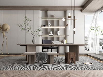 3d现代书房书桌椅组合模型