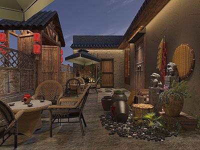 3d新中式民宿庭院模型