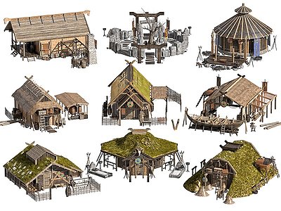 3d北欧古代木头建筑木房子模型