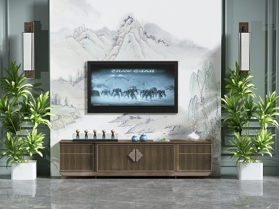 3d新中式电视背景墙模型