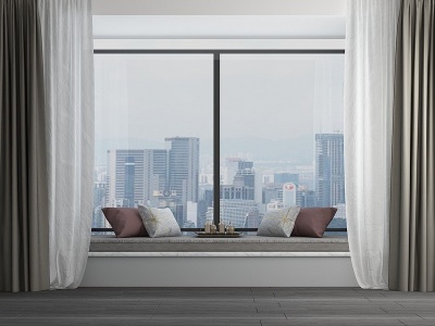 3d现代飘窗休息区窗帘组合模型