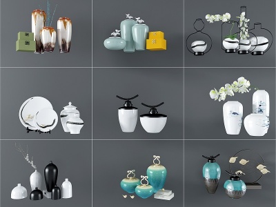 3d新中式陶瓷罐器皿摆件组合模型