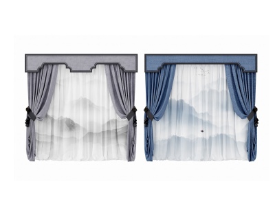 3d新中式窗帘组合模型