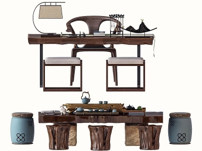 中式书桌茶桌椅组合模型3d模型