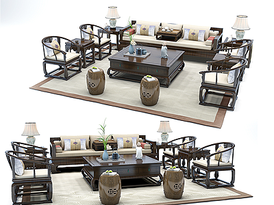 3d新中式古典实木沙发茶几模型