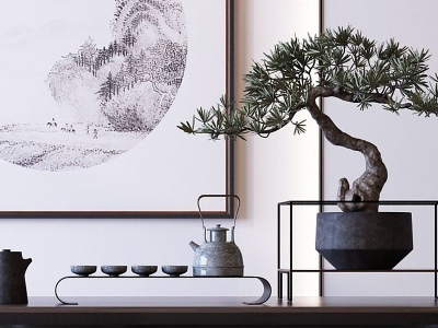 3d新中式茶桌椅植物摆件组合模型
