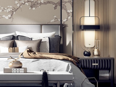 新中式卧室床背景墙模型3d模型