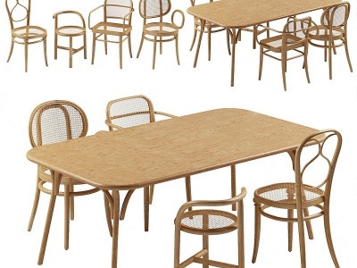 3d北欧藤编条形餐桌椅模型