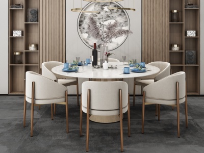 3d新中式餐厅圆型餐桌餐椅模型