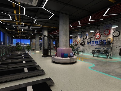 3d工业风健身房有氧区器械区模型