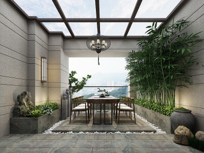 3d新中式花园阳台模型