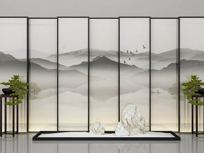 3d现代山水玻璃屏风隔断模型