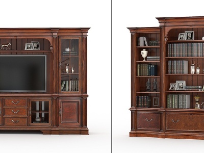 3d美式实木电视厅柜书柜组合模型