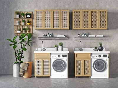 3d侘寂风阳台洗衣机浴柜组合模型