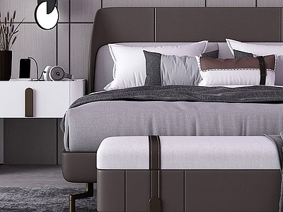 3d现代双人床床头柜组合模型