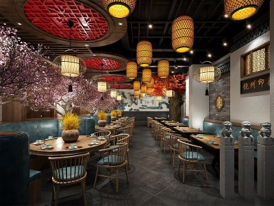 3d新中式主题餐厅模型