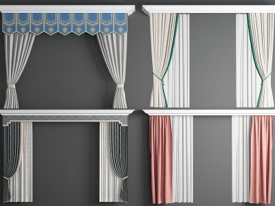 3d新中式布艺窗帘组合模型