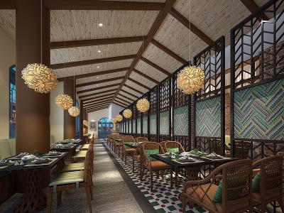 3d东南亚风格餐饮餐厅餐桌椅模型