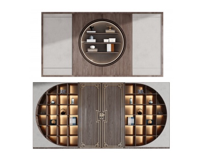 3d新中式背景装饰柜门组合模型