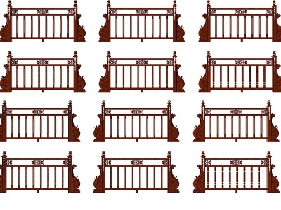 3d中式实木护栏栏杆组合模型