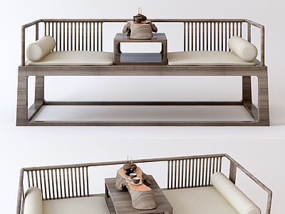 3d新中式罗汉床沙发组合模型