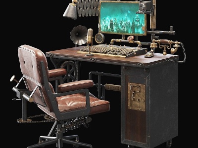 3d工业朋克风复古办公桌椅模型