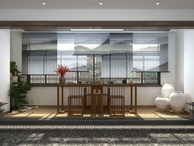新中式禅意小茶室阳台模型3d模型