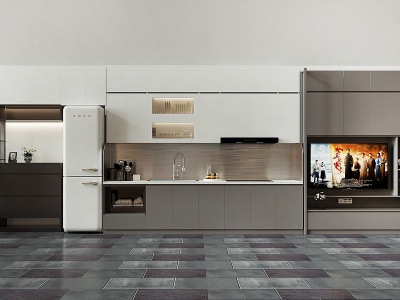 3d现代公寓厨柜电视墙组合模型