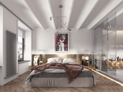 3d现代卧室,双人床模型