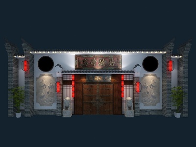 中式墙门大门城门模型