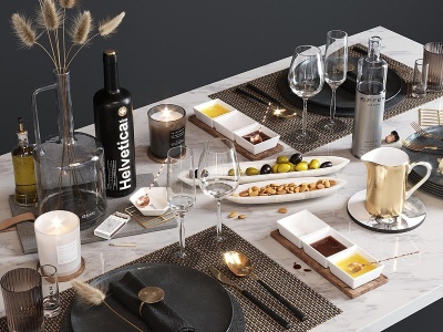 3d现代风格餐厅餐桌餐具模型