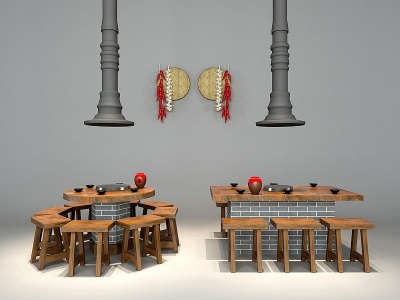 3d中式实木八仙桌条凳模型