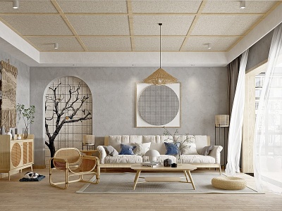 3d北欧日式自然风民宿客厅模型