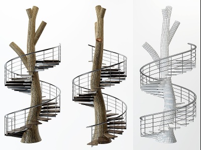3d自然风树干旋钢架转楼梯模型