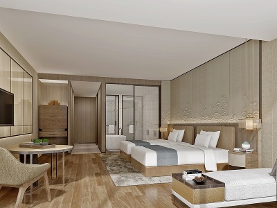 3d新中式酒店双床客房模型