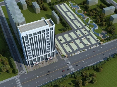 3d现代医院鸟瞰庭院规划模型