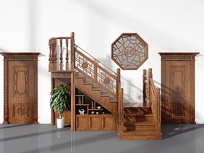 3d中式实木雕花楼梯模型