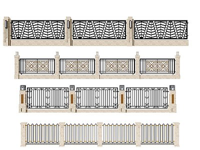 3d欧式新中式围墙铁艺围栏模型