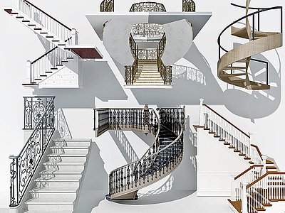 欧式铁艺栏杆旋转楼梯组合模型3d模型
