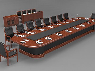 新中式实木会议桌椅模型