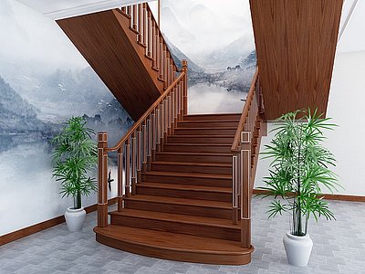 3d新中式实木楼梯模型