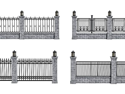 3d新中式铁艺围墙护栏模型
