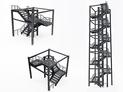 3d工业风铁艺钢架楼梯模型