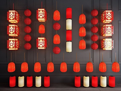 新中式红色灯笼吊灯组合模型