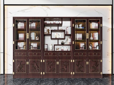 3d中式古典实木雕花书柜模型